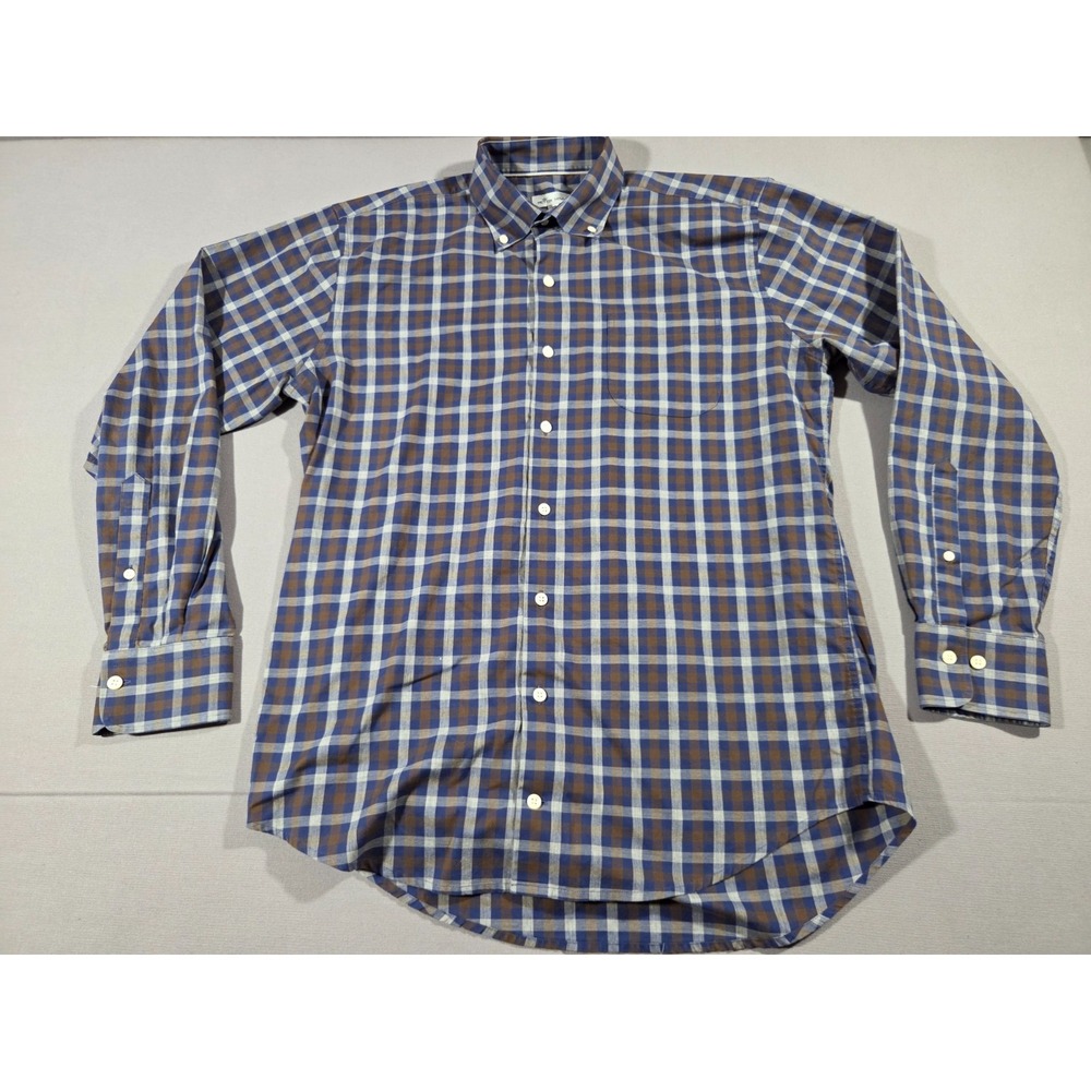 Peter Millar Shirt Mens Medium Blue Brown Plaid Long Sleeve Dress Stretch